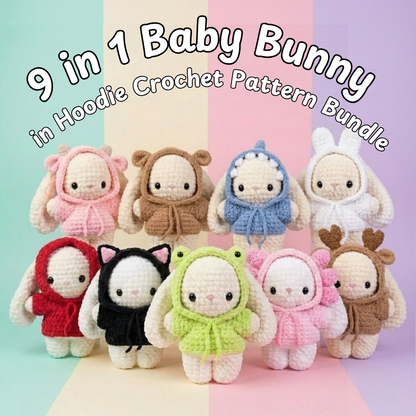 9-in-1 Baby Bunny in Hoodie Crochet Pattern Bundle