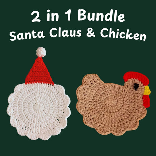 Santa Claus & Chicken Crochet Coaster Patterns(2-in-1)