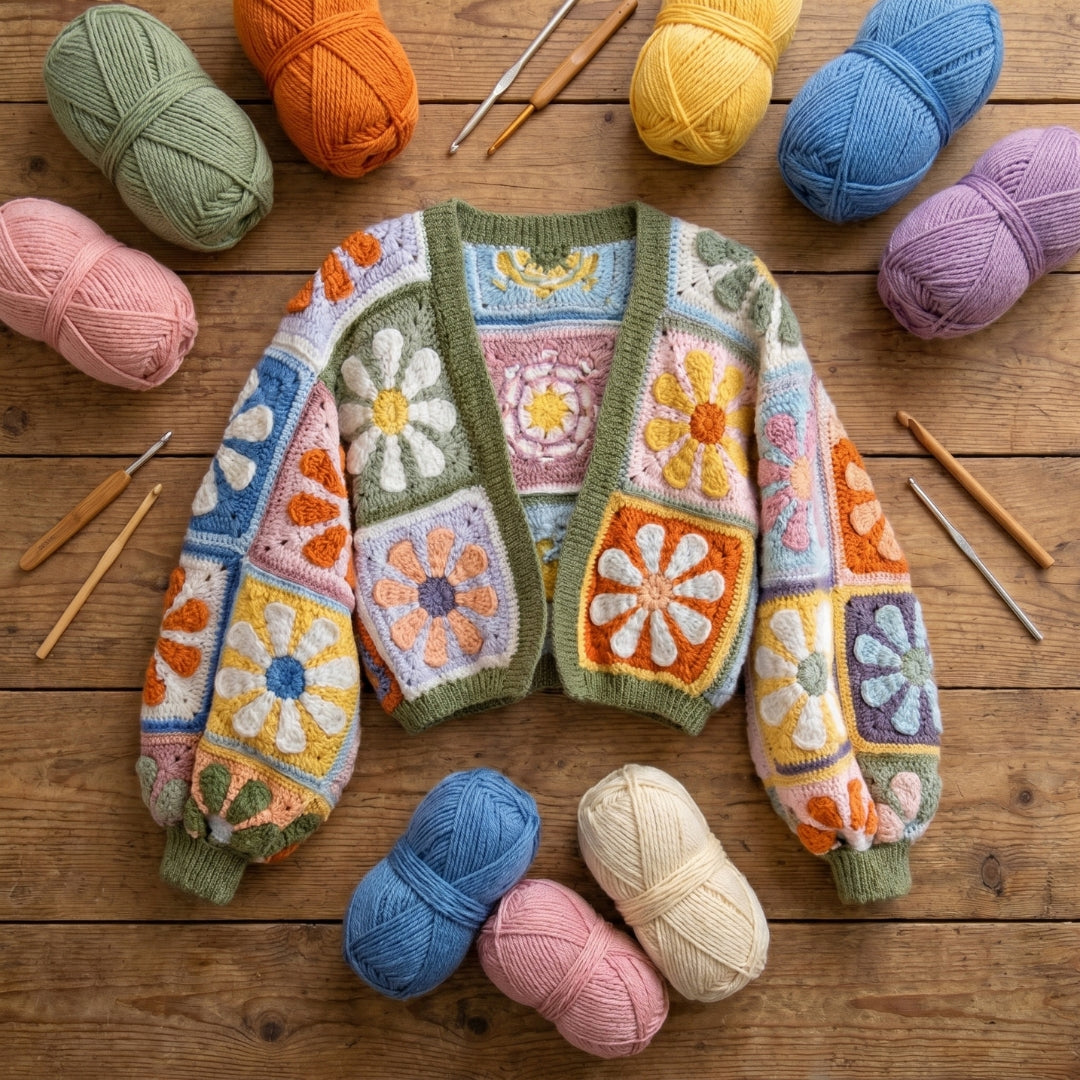 Mystery Retro Daisy Granny Square Cardigan Crochet Pattern