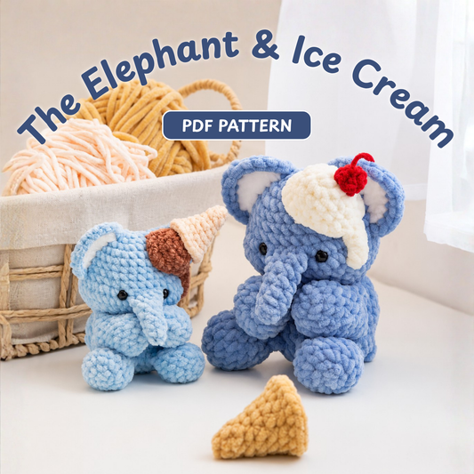 Crochet Emett the Elephant and Ice Cream Amigurumi Pattern (2 Sizes)