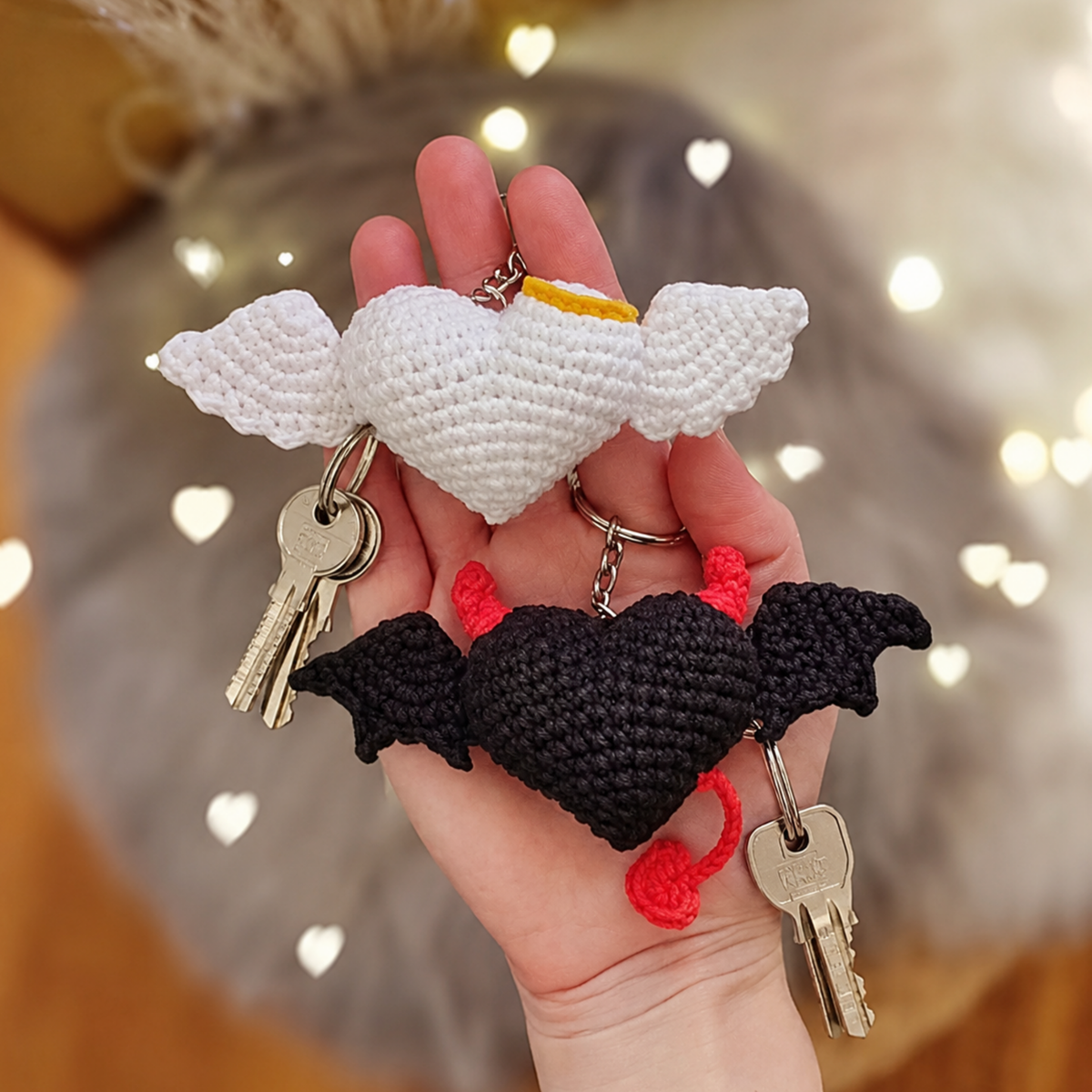 Crochet Heart Keychains Devil Angel Pattern