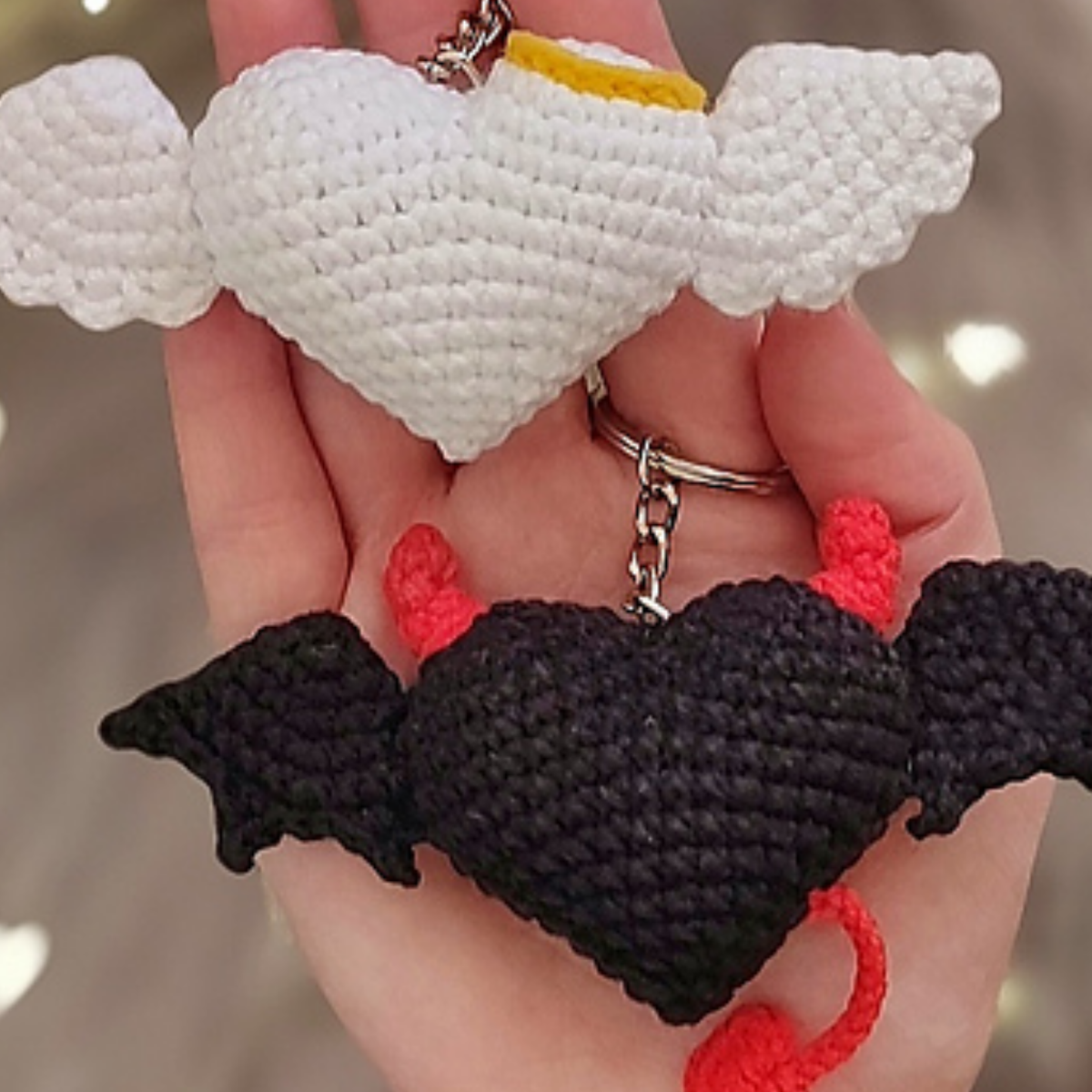 Crochet Heart Keychains Devil Angel Pattern
