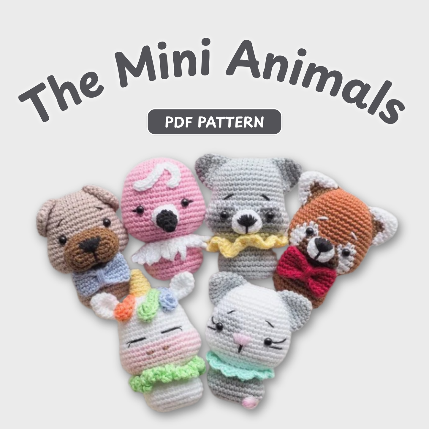 Crochet Mini Animals Pattern (Dog, Flamingo, Unicorn, Cat, Red Panda, Raccoon)