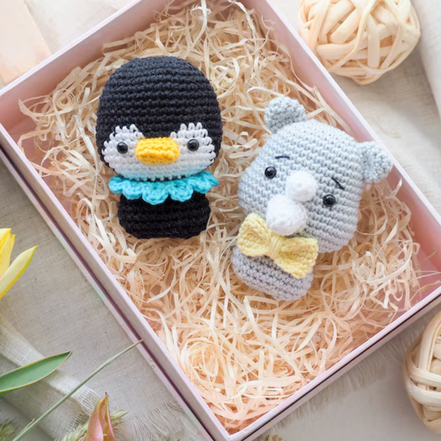 Crochet Mini Animals Pattern (Duck, Penguin, Sloth, Hippo, Rhino, Wolf)