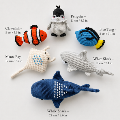 Crochet Sea Animals Pattern Vol. 1 (6 Characters: Clownfish, Blue Tang, Penguin, White Shark, Whale Shark & Manta Ray)