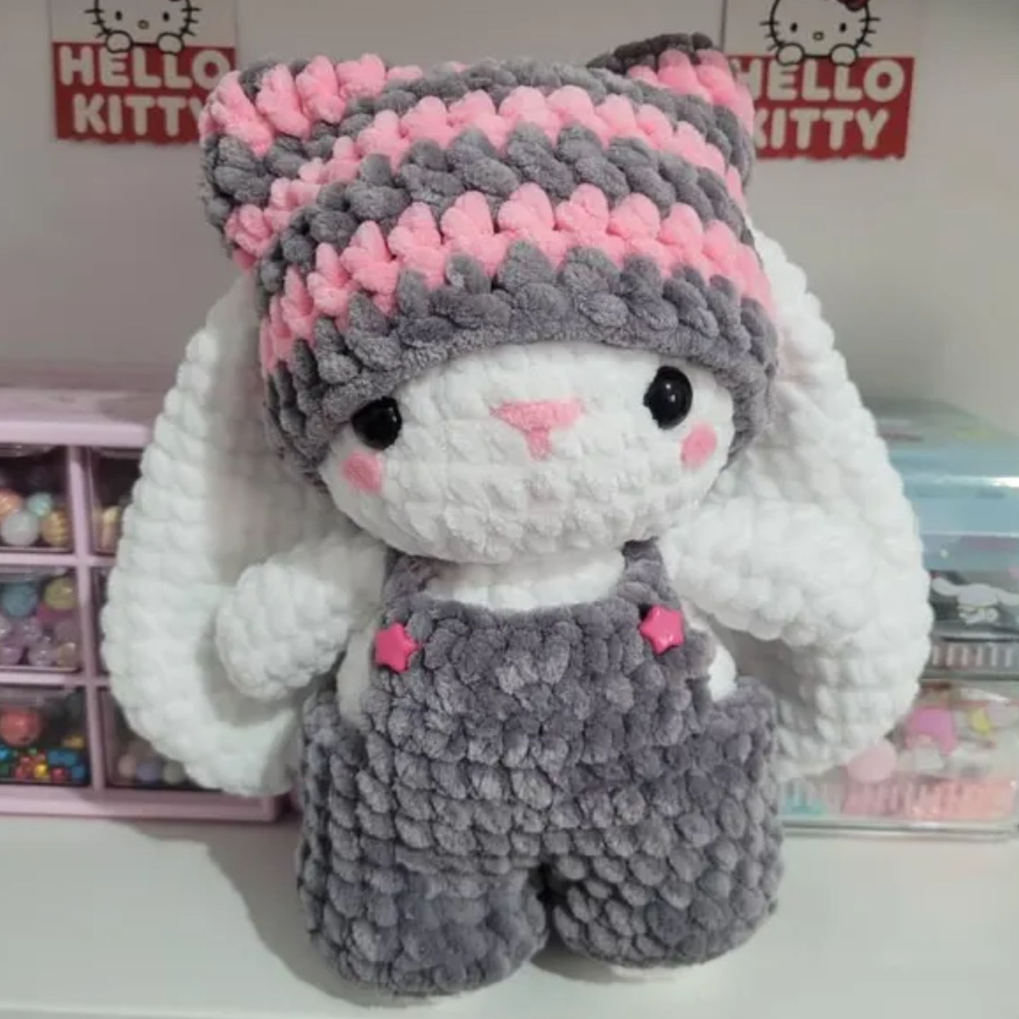 Crochet Cat Beanie Baby Bunny Pattern (With Removable Overalls &amp; Pom-Pom Beanie)