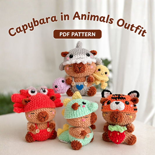 Crochet Capybara Pattern (4 Costumes: Crab, Shark, Dino, Tiger)