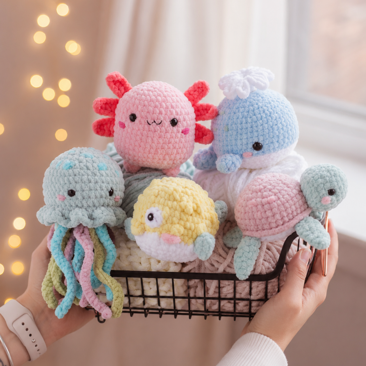 Crochet Puffy Sea Animals Pattern (5 in 1: Fish, Jellyfish, Whale, Turtle, Axolotl)