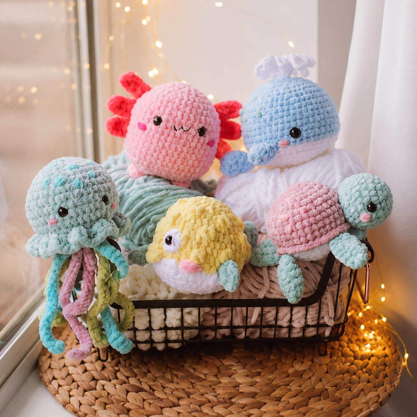 Crochet Puffy Sea Animals Pattern (5 in 1: Fish, Jellyfish, Whale, Turtle, Axolotl)