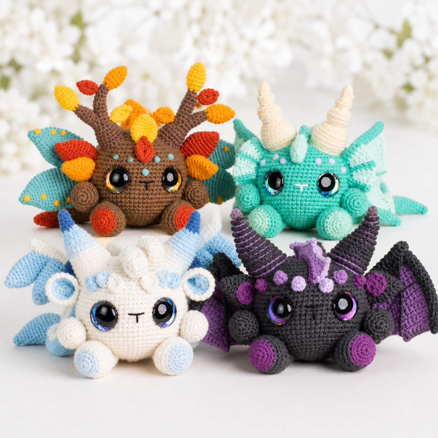 Crochet Elemental Dragons Amigurumi Pattern (4 Designs: Air, Fire, Earth, Water)