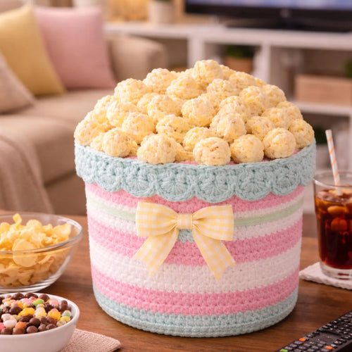 Popcorn Bucket Crochet Pattern | Movie Night Decor Basket