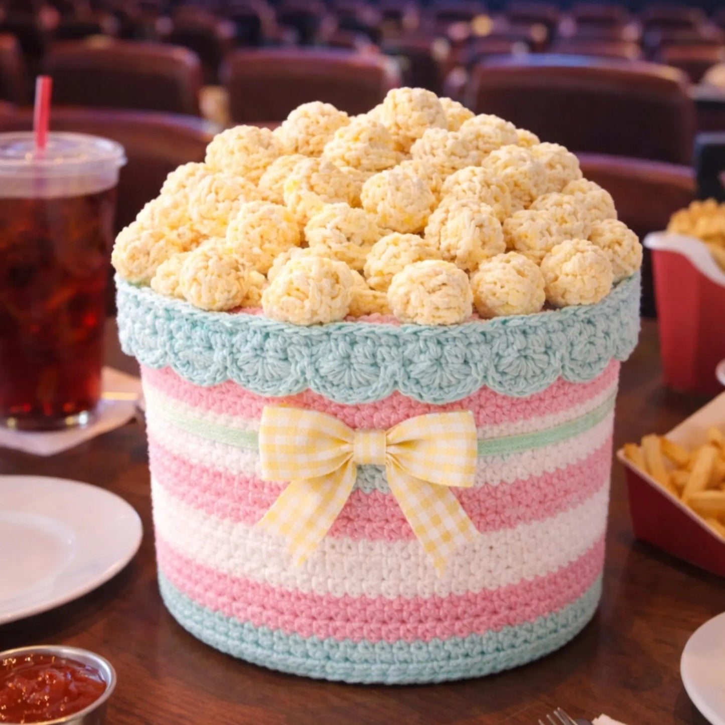 Popcorn Bucket Crochet Pattern | Movie Night Decor Basket