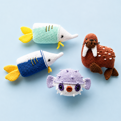 Crochet Sea Animals Amigurumi Pattern (6 Figures) Orca · Puffer Fish · Sailfish · Walrus · Seal · Crab