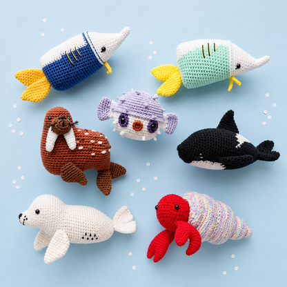 Sea Animals Orca · Puffer Fish · Sailfish · Walrus · Seal · Crab Amigurumi Crochet Pattern
