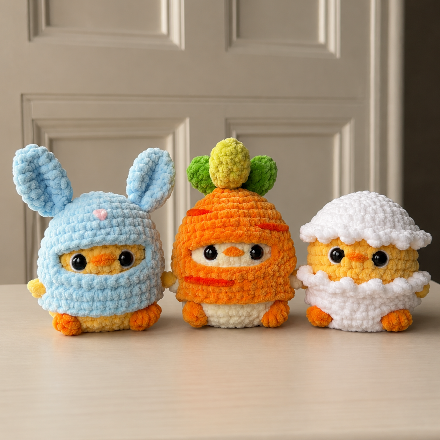 Crochet Easter Chick Outfit Pattern Trio (Bunny, Carrot, Cracked Egg)