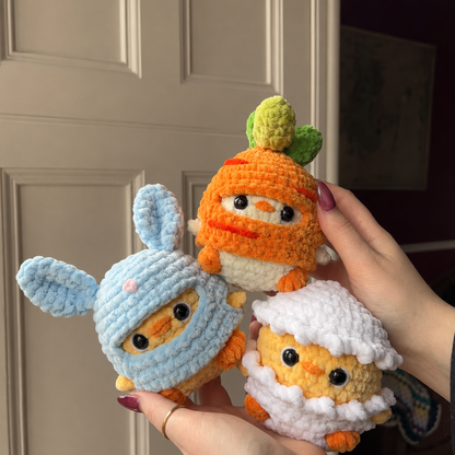 Crochet Easter Chick Outfit Pattern Trio (Bunny, Carrot, Cracked Egg)